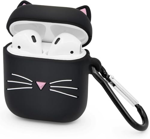 LIUKE Niedliche Airpods-Hülle, Airpods 2-Hülle, Schwarze Whisker-Katze Kitty, lustiges 3D-Cartoon-Tier, stoßfest, weiche Silikonhülle mit Karabiner für Airpods der 1. und 2. Generation