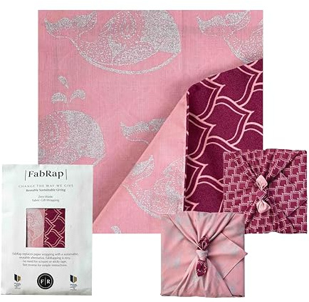 Furoshiki doppelseitige Stoff Geschenkverpackung, wiederverwendbare Stoffverpackung mit einem schönen Kontrast von Blush mit silbernen Walen und Architektur inspiriert Maroon Bögen