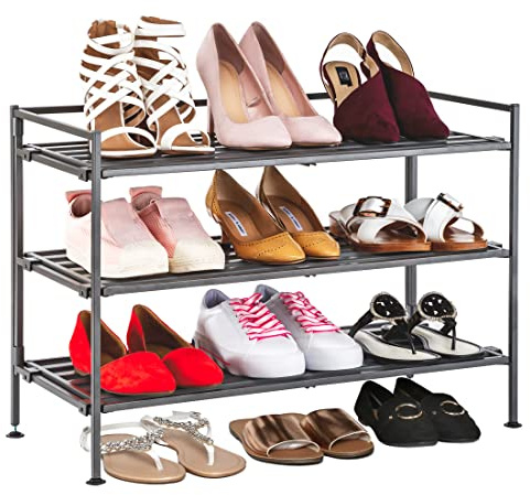 3-Tier Stackable 1 Slat Steel Frame Shoe Rack, 27.25W x 12.75D, Ash Gray