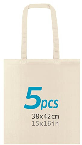 Bomullspåsar | shoppingväska | tygväska kanvas | jutekasse, tygpåse, shoppingväska, bärkasse canvastyg | långa handtag | 100 % bomull, stark väska, tvättbar, 140 gsm 38 x 42 cm, A> 5-pack, 19.0 cm x