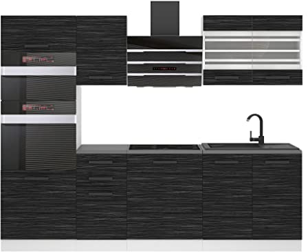 Belini Küchenzeile Küchenblock Tracy - Küchenmöbel 240 cm Einbauküche Vollausstattung ohne Elektrogeräten mit Hängeschränke und Unterschränke, mit Arbeitsplatten, Königliches Ebenholz