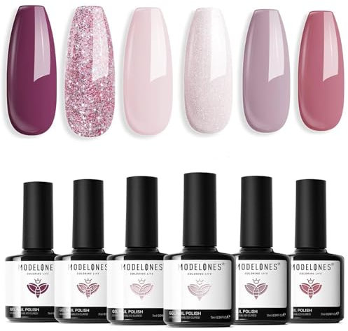 Modelones Gel Nail Polish Set, 6 Colors Spring Pink Gel Polish Nude White Gel Nail Polish Set Soak Off Pastel Nail Gel Nail Art DIY Manicure Salon and Home for Women