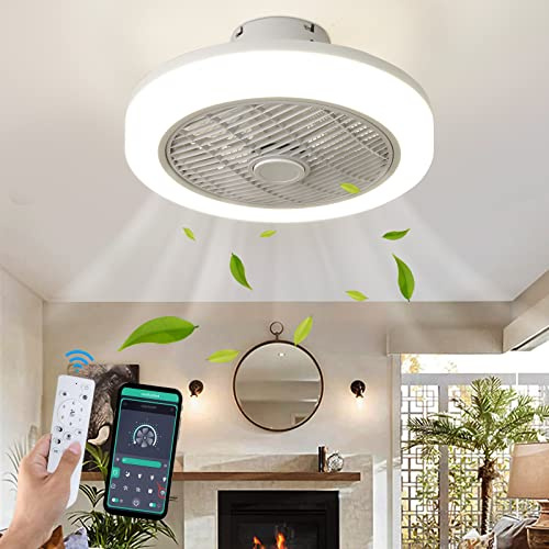 OERIY 45CM LED Modern Flush Mount Ceiling Fan with Light and Remote - 6 Speed Dimmable Low Profile Bladeless with Timing, Reversible for Kitchen Bedroom (White)