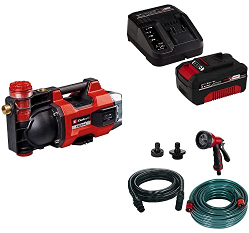 Einhell Akku-Gartenpumpe AQUINNA 18/30 F LED Power X-Change (18 V, max. 3000 L/h Fördermenge, 2 Akku-Steckplätze, ECO-/BOOST-Modus, Vorfilter, inkl. 4,0 Ah Akku, Ladegerät, 5-tlg. Zubehör-Set)