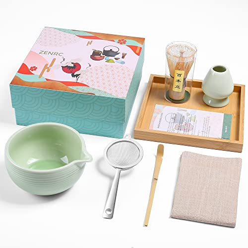 ZENRC Ceremony Matcha Kit - Handmade Bamboo Matcha Whisk (Chasen) Scoop (Chashaku) Spouted Chawan Bowl Whisk Holder Sifter Bamboo Tea Tray Towel- The Perfect Matcha Set (Apple Green, Set of 7)
