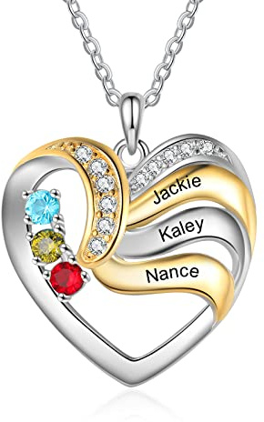 Jeweidea Herz Kette Damen Personalisierte Kette mit Namen für Frauen Kette mit Gravur Geburtsstein Namenskette für Mütter Mama Kette Anhänger Personalisierte Geschenke