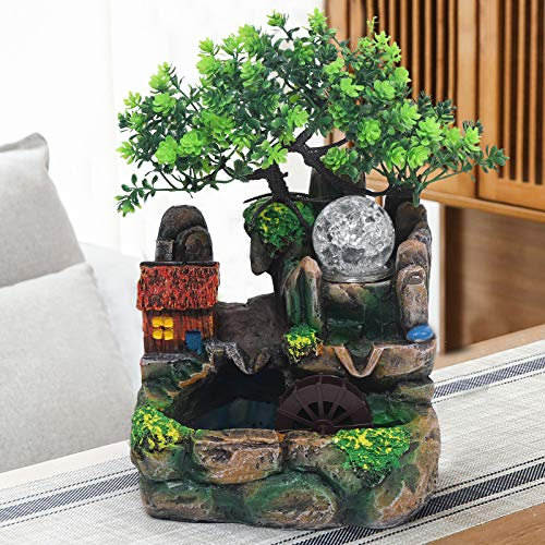 Decorazione da giardino: fontana giardino roccioso con luce a LED, nebbia e umidificatore - albero artificiale, sfera rotolante - 18,5 x 14,2 x 20 cm - Materiale in resina - Per casa e giardino