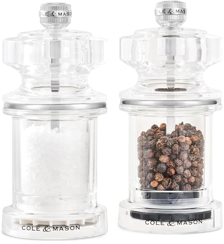 Cole & Mason 675 Salt and Pepper Mill Set, Precision+/Ceramic Mechanisms, Adjustable Salt and Pepper Grinders, Acrylic, 118mm, Cooking/Seasoning, Lifetime Mechanism Guarantee