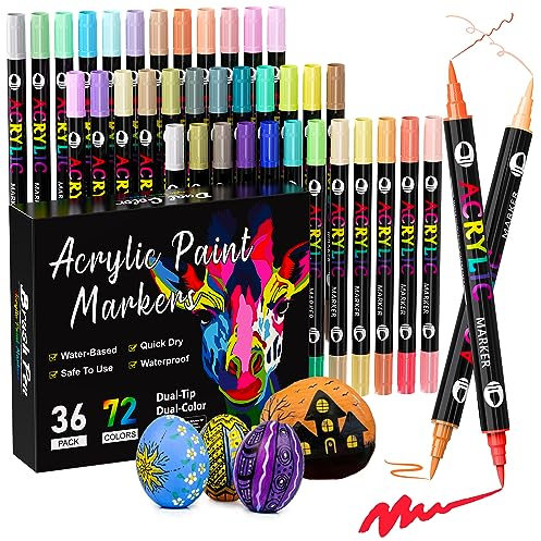Patamiyar Acrylstifte für Steine Wasserfest, 72 Farben/36 Stifte Dual Tip Acrylfarben Stifte Steine Bemalen Set Acrylstifte fürSteine Holz Glas Leinwand Papier Keramik DIY Fotoalben