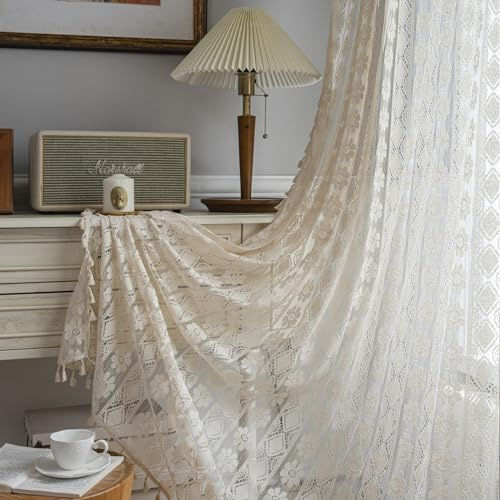 Freyamy 2er Set Gardinen Transparent Blumen Stickerei,Transluzente Vorhang Beige mit Stangendurchzug,Bestickte Spitze Gardinen Vintage Makramee,Tür Stangentaschen-Vorhang 240x150cm für Schlafzimmer