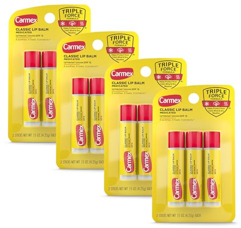 Carmex Classic Medicated Lip Balm Sticks, Lip Moisturizer for Chapped Lips, 12 Count (4 Packs of 3)