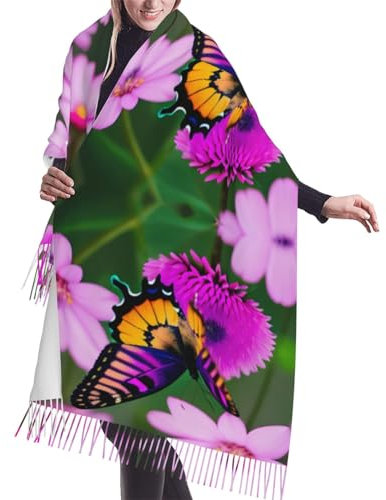 FWJZDSP Lila Schmetterling und Blumen Kaschmirschal mit Fransen, Plüsch-Kaschmirimitat-Schal mit einzigartigem einseitigen Druck, warmer Winterschal