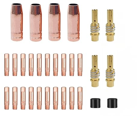 30 Stück Verschleißteile Set, Schutzgasschweißgerät Zubehör, Schweißzubehör passend MB15 15AK, 4 x Gasdüsen, 20 x Stromdüse M6 1,0mm, 4 x Düsenstock, 2 x Isolatoren (0,9)