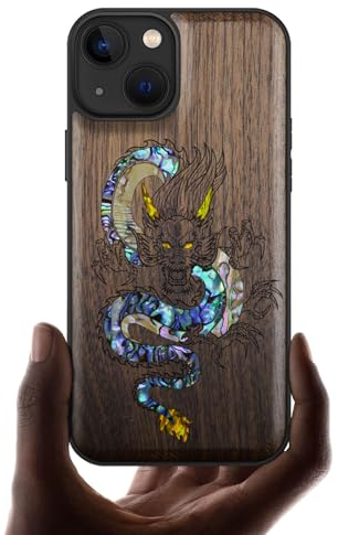 Carveit Étui Magnétique pour iPhone 13 Coque Protection Case [Bois et Incrustation de Coquille] Etui Compatible Magsafe avec Apple 13 Cover (Noyer-Le Dragon Oriental)