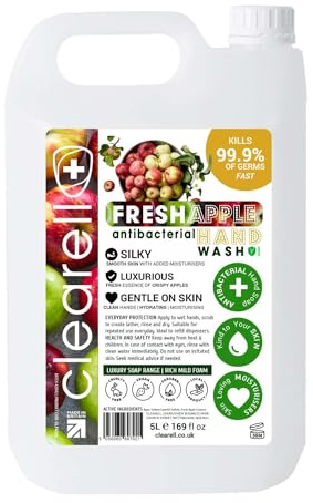 Clearell FRESH APPLE 5L Hand Soap Liquid Wash 5 Litres Refill, Antibacterial Fragranced Hydrating Skin & Body Wash Gel for Soft and Sensitive Skin Care - 100% Vegan & Cruelty Free