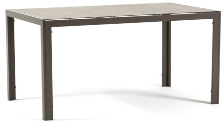 Tavolo rettangolare 150x90 cm in alluminio con top in vetro decorato per esterno e giardino o interno, cucina e sala da pranzo Milo (Struttura Tortora, Vetro effetto Pietra Grigia)