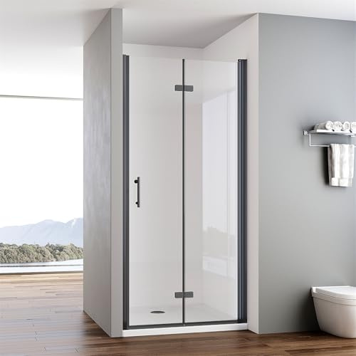 IMPTS Duschtür Faltbar 120cm Schwarz Falttür Nische Nischentür Höhe 195cm | Rahmenlos Dusche Duschkabine Duschabtrennung 6mm NANO ESG Klares Sicherheitsglas
