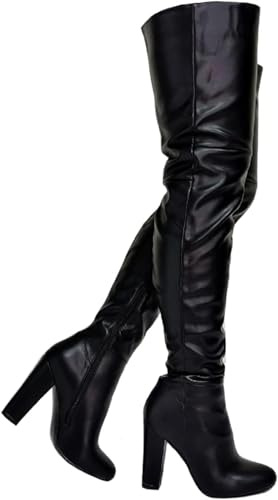 WEHAM Overknee-Stiefel mit Blockabsatz und spitzer Spitze für Damen, 8 cm hohe Herbst-/Winterstiefel aus PU-Leder,Schwarz,41