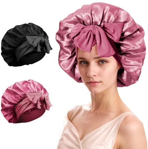 COODAM Silk Satin Hair Bonnet for Sleeping - 2PCS Silk Sleep Bonnets for Women Curly Hair, Soft Breathable Satin Bonnet with Tie Band Hair Wrap Cap for Sleeping (#01)
