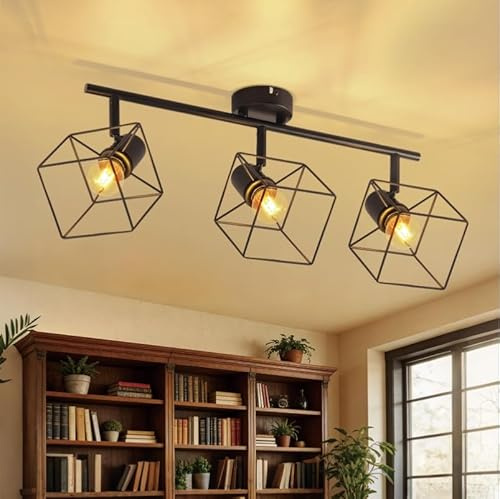 Homefire Deckenstrahler Deckenlampe 3 Flammig Schwarz - E14 Küchenlampe 350° Schwenkbar Vintage Deckenleuchte Metall Deckenspots Schlafzimmerlampe für Wohnzimmer Flur Küche - Ohne Leuchtmittel