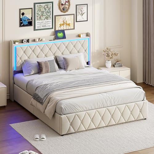 Polsterbett 140x200cm mit USB-Ladefunktion, Kopfteil mit LED, Doppelbett, Kastenbett, Jugendbett mit Stauraum und Lattenrost, hydraulischer Staurahmen, Matratze nicht enthalten (140x200cm)