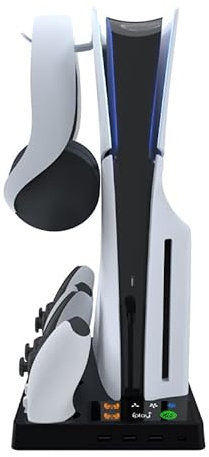 BeisDirect PS5 Pro Cooling Dock Stand with Dual PS5 Controllers Charging Station, Vertical Stand for PS5 Pro/PS5 Slim Console Cooling Fan Base with Headphone Hangers (Black)