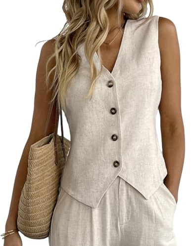 Chaleco de lino para mujer con cuello en V y botones, blazer sin mangas tipo chaleco para negocios, trabajo y vacaciones, beige, XXL