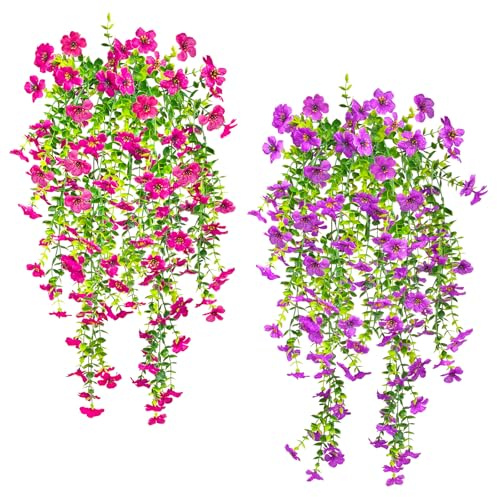 SHEPIN 4 Stück Hängepflanze Künstlich 2 Farben Kunstblumen Hängend Draußen Wetterfest, 75cm Künstliche Hängepflanzen Blumen wie Echt Eukalyptus Seidenblumen für Outdoor Terrassen Balkon Blumenampel