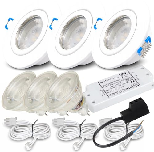 Rolux LED Einbaustrahler 3er Set – 12V, 3W, Warmweiß (250 lm) – IP44 Feuchtraum geeignet – Inkl. Trafo, AMP Kabel (120 cm) & 6-fach Verteiler – Ideal für Bad, Küche, Dusche & Außenbereich – Weiß