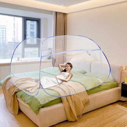 Moustiquaire de lit, ciel de lit, bleu, tente de lit de voyage, camping, moustiquaire pliable, anti-moustiques, pour chambre à coucher, extérieur, camping 200 x 180 x 145 cm