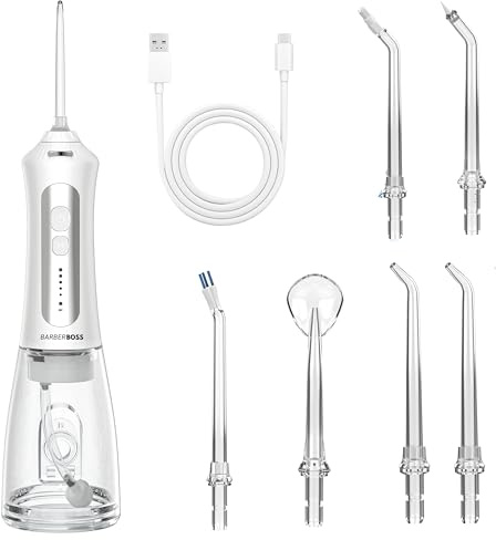 Barberboss Oral Irrigator, Electric Tooth Flosser, 5-Mode Water Flosser for Teeth, Interchangeable Jet Tips, 300ml Tank, LED Indicator, IPX7 Waterproof