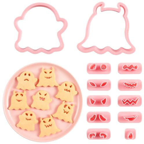 Halloween Ausstechformen Geist Set, 3D Kunststoff, drückbar, Gespenst, Keksausstecher, Geprägt, Fondant Ausstecher Halloween, Partyzubehör, Dekorationen