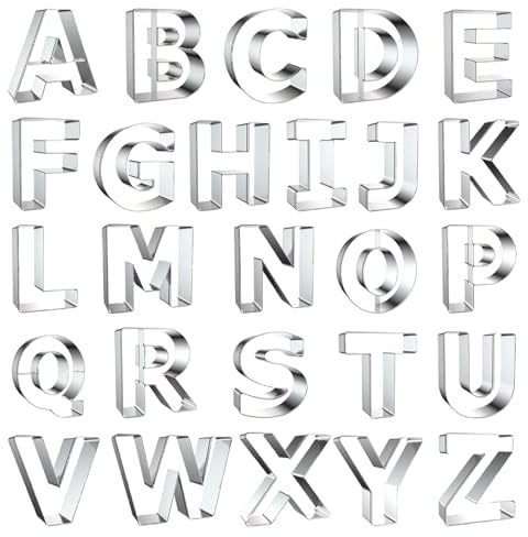 Lot de 26 emporte-pièces en forme de lettres de l'alphabet en acier inoxydable pour fondant, cookies, fruits, pâte, accessoires de pâtisserie pour anniversaire, Noël, vacances
