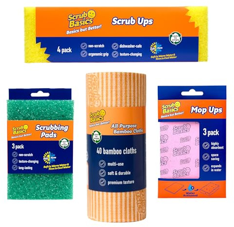 Scrub Basics 4 Piece Bundle - 4 Scrub Ups Sponges, 3 Scrubbing Pads, 3 Mop Ups Absorbent Sponge Cloths & 1 Roll (40 Sheets) All Purpose Bamboo Cloths - Non Scratch for Kitchen, Cleaning & Washing Up