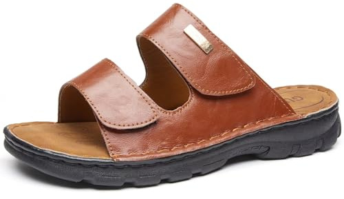 GURGER Herrsandaler av läder med kardborreband, bekväma herrsandaler med justerbar rem, halkfri sula, bekväma sommarskor för vardag och fritid