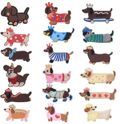 18 Stück Bügel Patches zum Aufbügeln, Dachshund Aufbügel Patches Dackel Aufnäher Bügelbilder für Textilien, Aufbügler für Textilien, Bügelsticker für Klamotten, Sticker zum Aufbügeln Jeans Kleidung