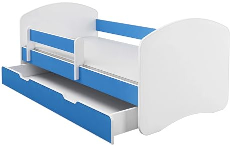ACMA Kinderbett 180x80 cm Blau mit mit Matratze und Lattenrost - Juniorbett mit Rausfallschutz, Belastbar bis 120 kg,Variante mit Schublade