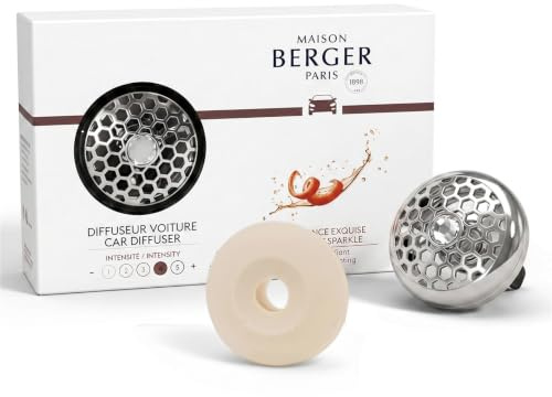 Maison Berger Car Diffuser Set – Refillable Vent Clip, Ceramic Refill, Made in France - Luxury Auto Scent - 4-Week Diffusion - Elegant Air Freshener for All Car Vents (Exquisite Sparkle)