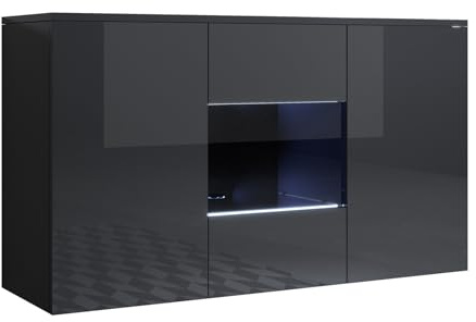 MB Muebles Bonitos, Aparador Mueble TV Colgante Luke A2 para Salón o Comedor Moderno con Luz LED, Melamina Brillo, Color Negro, 120 x 70 x 40 cm