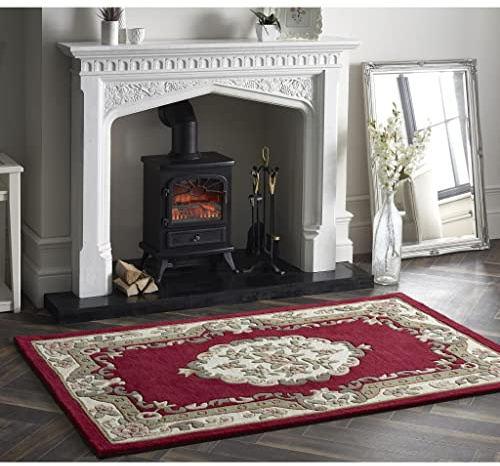 Lord of Rugs Lotus Premium Traditional Rug Aubusson Wool Heavy Thick Floral Hand Tufted Classic Rug Red X-Small 60x120 cm (2'x3'11''')