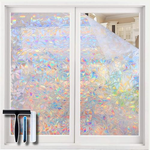 Volcanics Fensterfolie Blickdicht Selbsthaftend 90x300cm mit Montagewerkzeug, Sichtschutzfolie Regenbogen Bunt 3D, Statisch Haftend ohne Klebstoff, Anti-UV Sonnenschutz