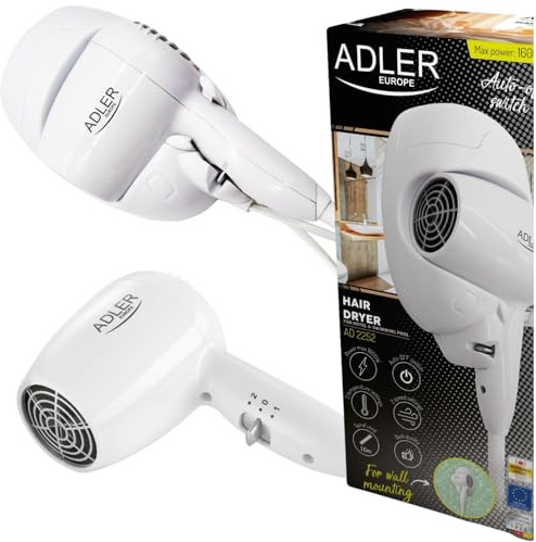 Adler AD2252 Secador de Pelo con soporte pared compacto, cable en espiral 1,6m, ideal hotel, 1600W
