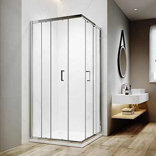 EMKE Eckeinstieg Duschkabine 90 x 90 cm Duschabtrennung Falttüren Doppel Schiebetür Duschtür Mit Nano-Beschichtung Duschkabinen 195cm Duschwand für Dusche