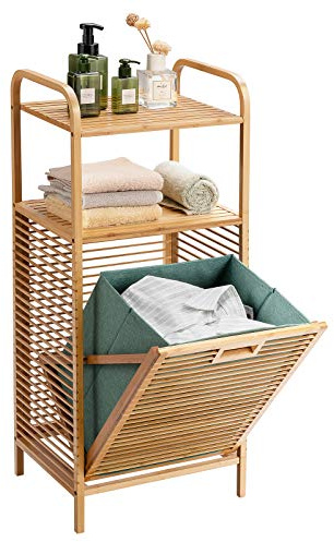 COSTWAY Badregal mit Wäschekorb, Wäscheschrank aus Bambus, Badezimmerregal mit ausklappbarem Wäschesack, 40,5 x 33 x 95,5 cm (Grün)