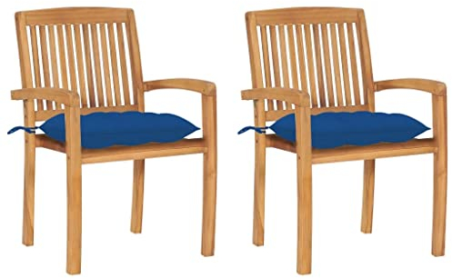 vidaXL Trädgårdsstolar 2 st med blåa dynor massiv teak