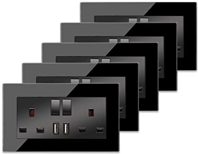 5 Pack CNBINGO Glass Double Switched Socket with 2 USB-A Charging Ports, Black Tempered Glass Panel Wall Outlet, 2 Gang 13 Amp Electric Power Socket | Wall Outlet with USB Charging output 3.1Amp, 2 Gang 13 Amp Electric Power Socket with Glass Panel, Power Switch