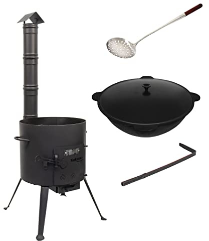Kukmara Utschak mit Abzugs-Rohr, 45cm + 16 Liter Gusseisen Kazan INNEN GLATT + 50cm Schaumlöffel - Feldküche, Gulaschkessel Feuerkessel Feuer-Ofen Outdoor für Kazan Kasan 15 16 L