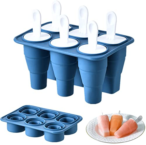 Collapsible Popsicle Molds 6 Grids DIY Ice Lolly and Ice Cream Moulds Silicone Ice-Pop Molds Easy Release Ice Cream Mold Reusable Popsicle Stick with Drip-Guards (Blue)