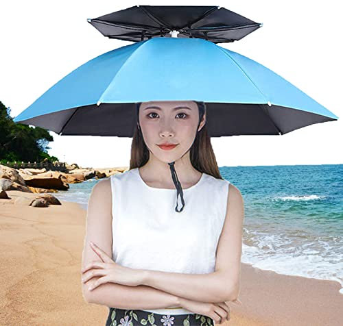 Yadlan Chapeau Parapluie de Tete Adulte, 2 Pcs Portable Parapluie Parasol Chapeau de Pêch, Pliable Sports de Plein Air Handfree Headwear pour Sports d'extérieur(Size:77cm,Color:Bleu Clair)
