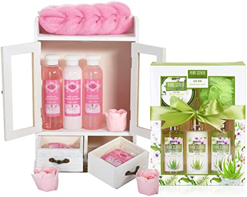 BRUBAKER Cosmetics 2 in 1 Pflegeset Kirschblüte & Aloe Vera - Großes 15-teiliges Wellness Set - Damen Dusch- und Badeset - Frauen Beauty Geschenkset mit Deko Holzschrank